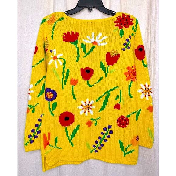 Vintage 1990s Marisa Christina Floral Sweater Cotton Blend Small Yellow Multi - Picture 3 of 10